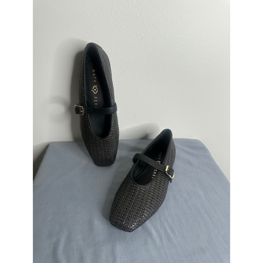 Katy Perry Black Woven Mary Jane Flats Square Toe Buckle Strap Shoes Size 6
